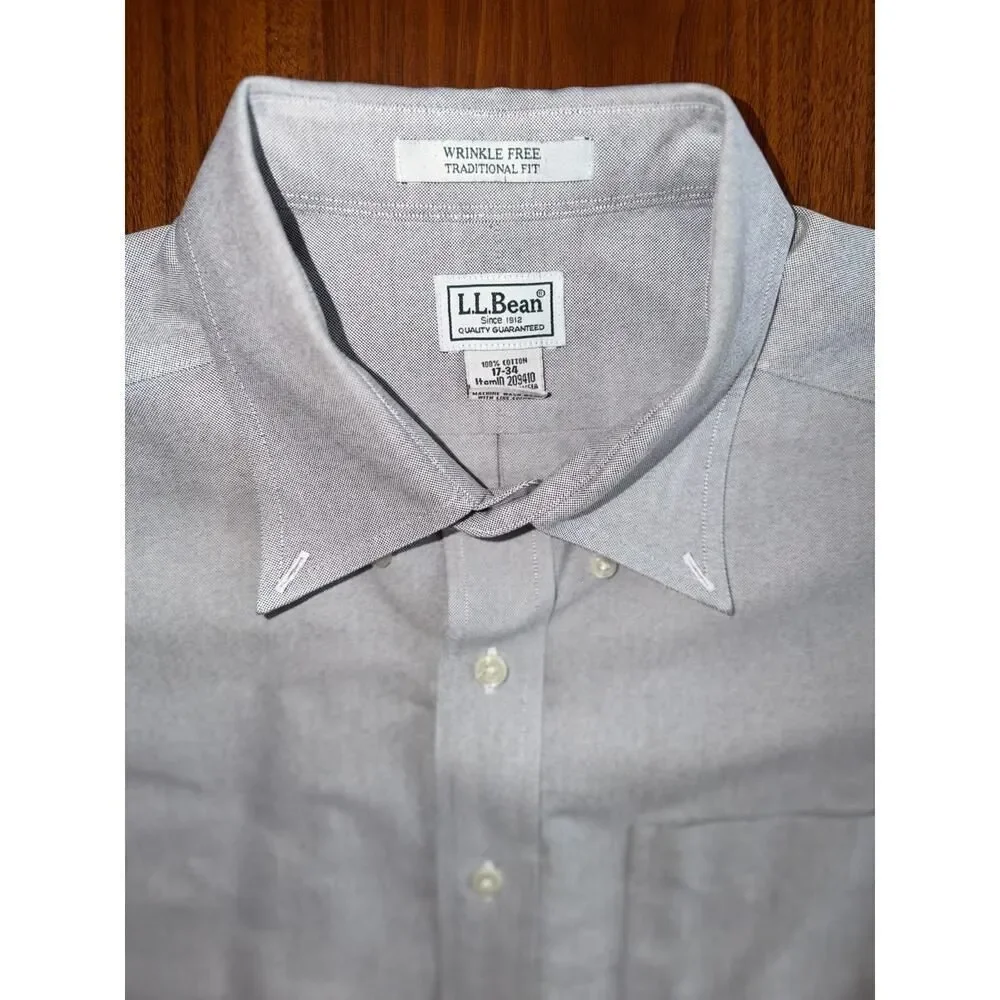 L.L. Bean Men's Wrinkle Free Trad Fit Gray Cotton Oxford - Size 17/34